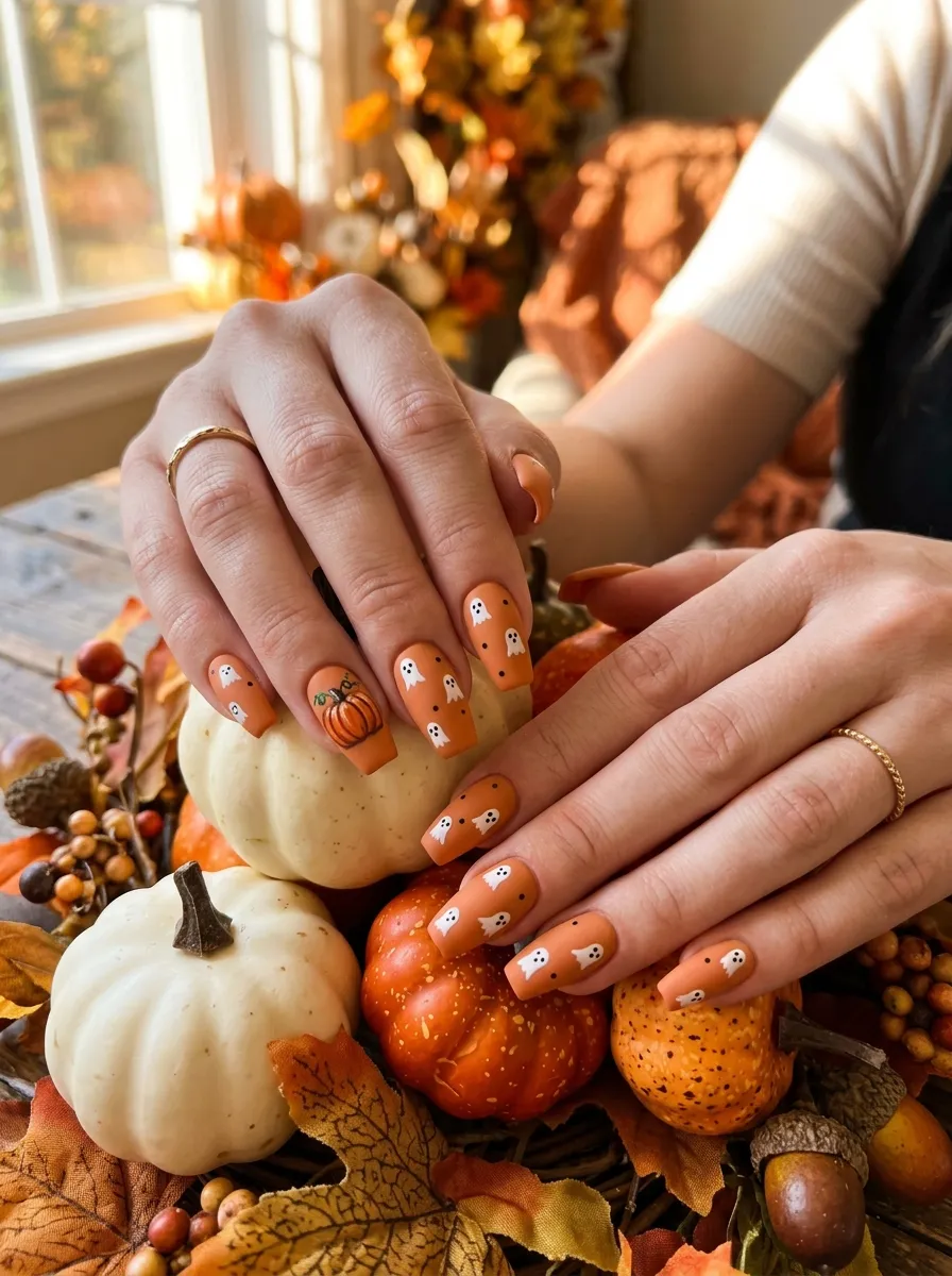 Ghost Nail with Tiny Pumpkin Friends