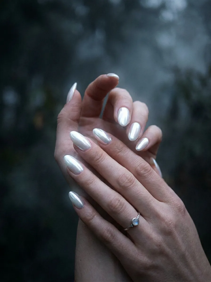 Ghost White Chrome Nails
