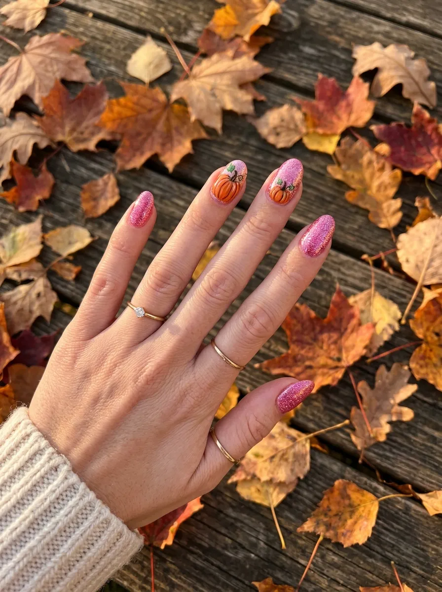 Glittery Pink Pumpkin Nails