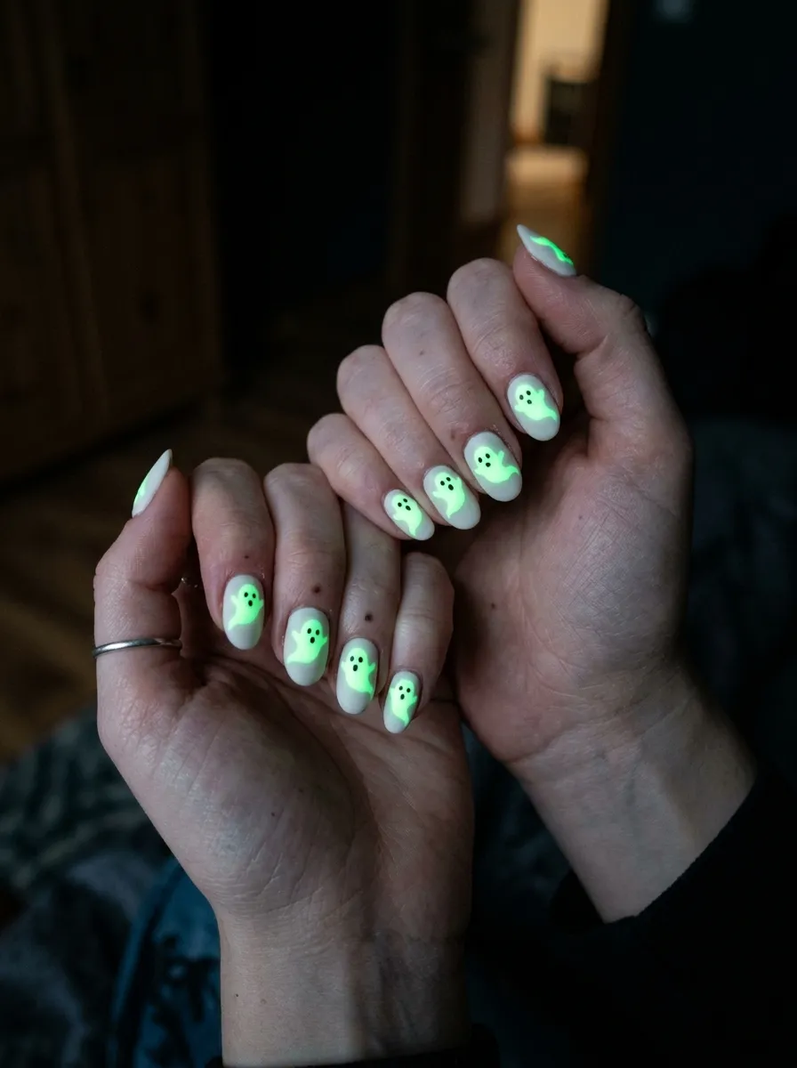 Glowing Ghost Nails with Glow-in-the-Dark Polish