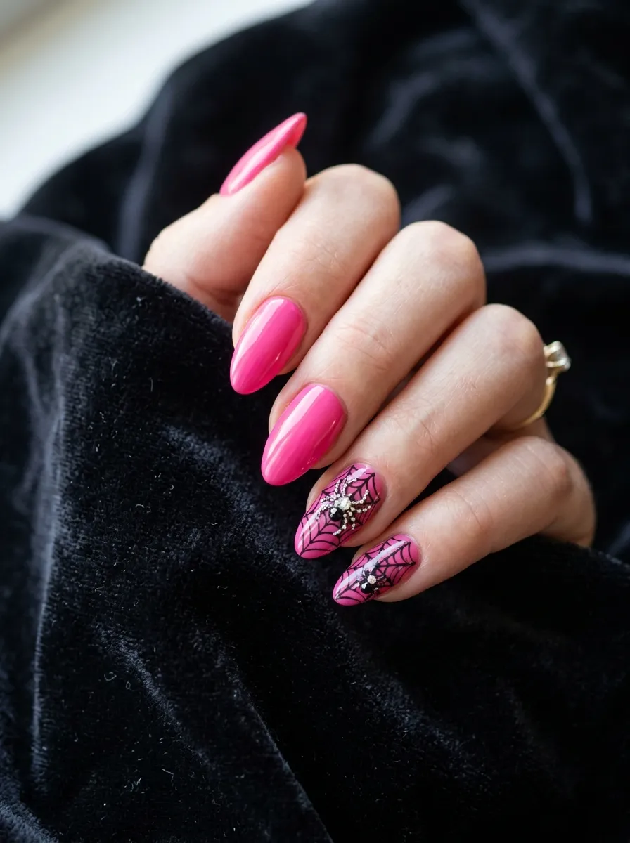 Hot Pink Spider Web Accent Nails