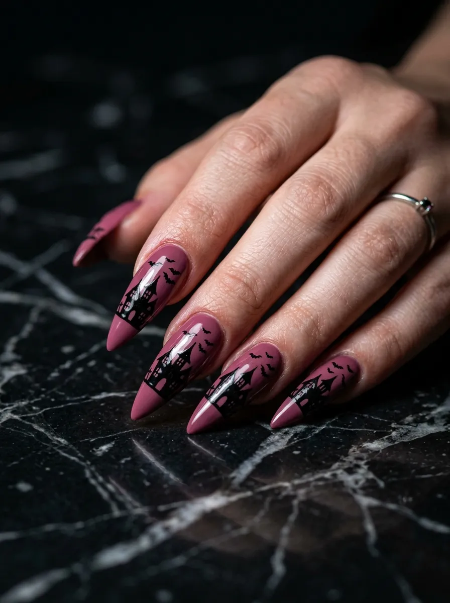 Mauve Pink Haunted House Silhouette Nails