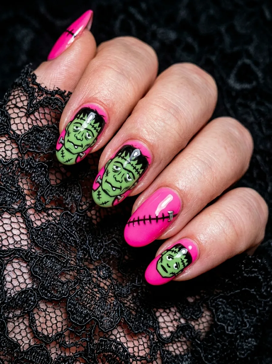 Neon Pink Frankenstein Nails