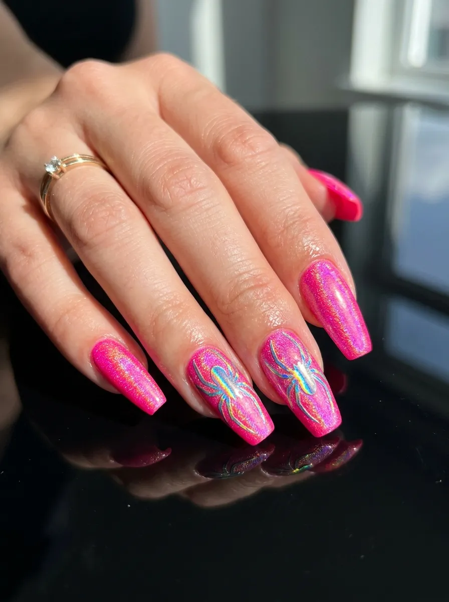 Neon Pink Nails with Holographic Spider Accents