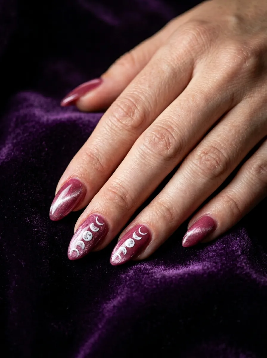 Pink Cat Eye Gel with Moon Phase Art