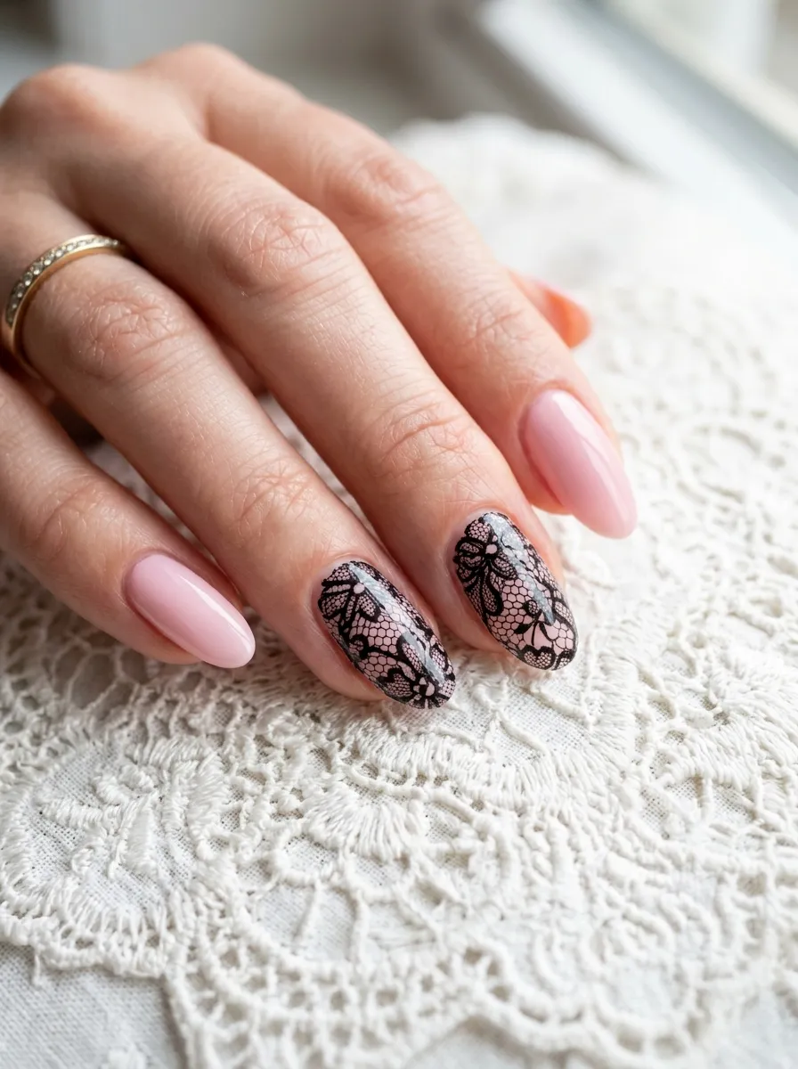 Pink Nails with Black Lace Overlay