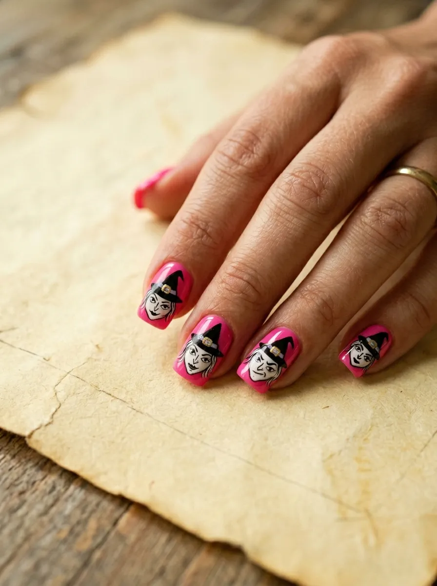 Pink Nails with Floating Eyebrow Raise Witch Emoji Art