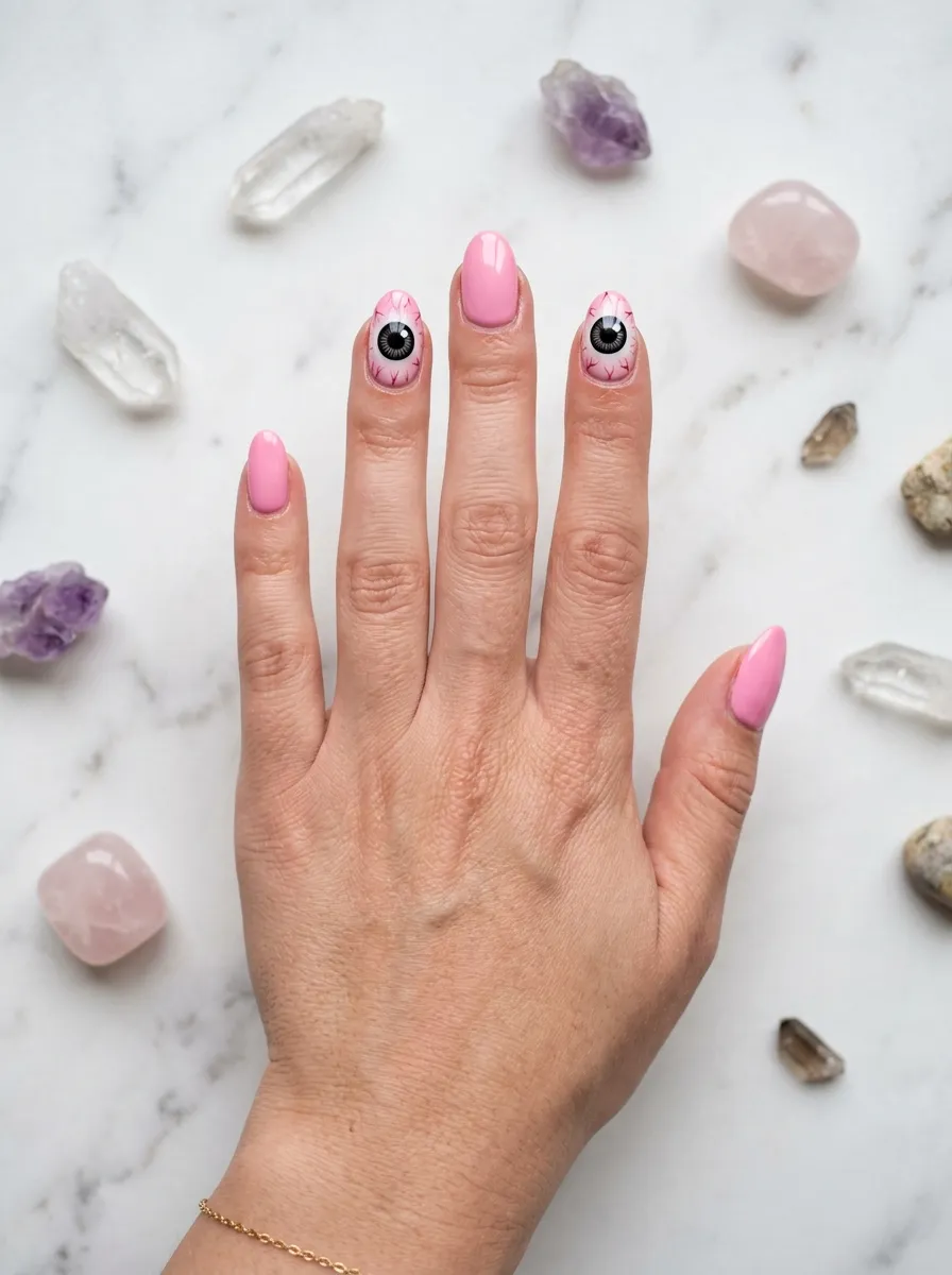 Pink Nails with Tiny Eyeball Art