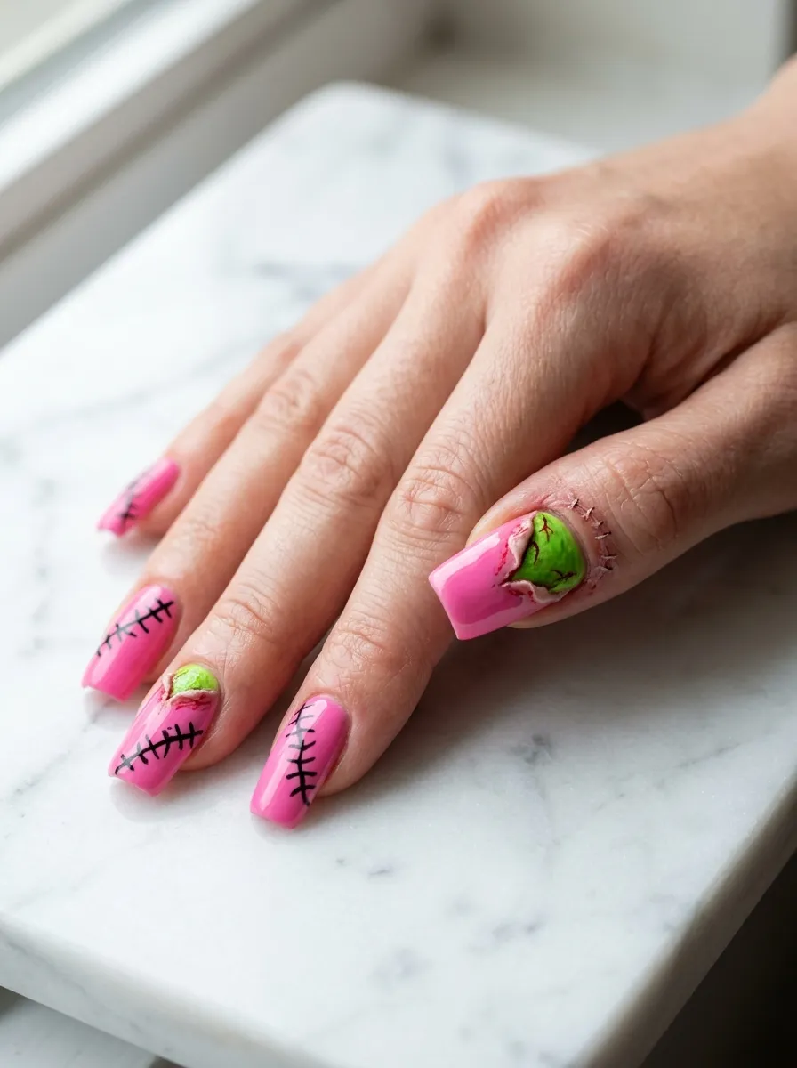 Pink Nails with Tiny Frankenstein Stitch Details