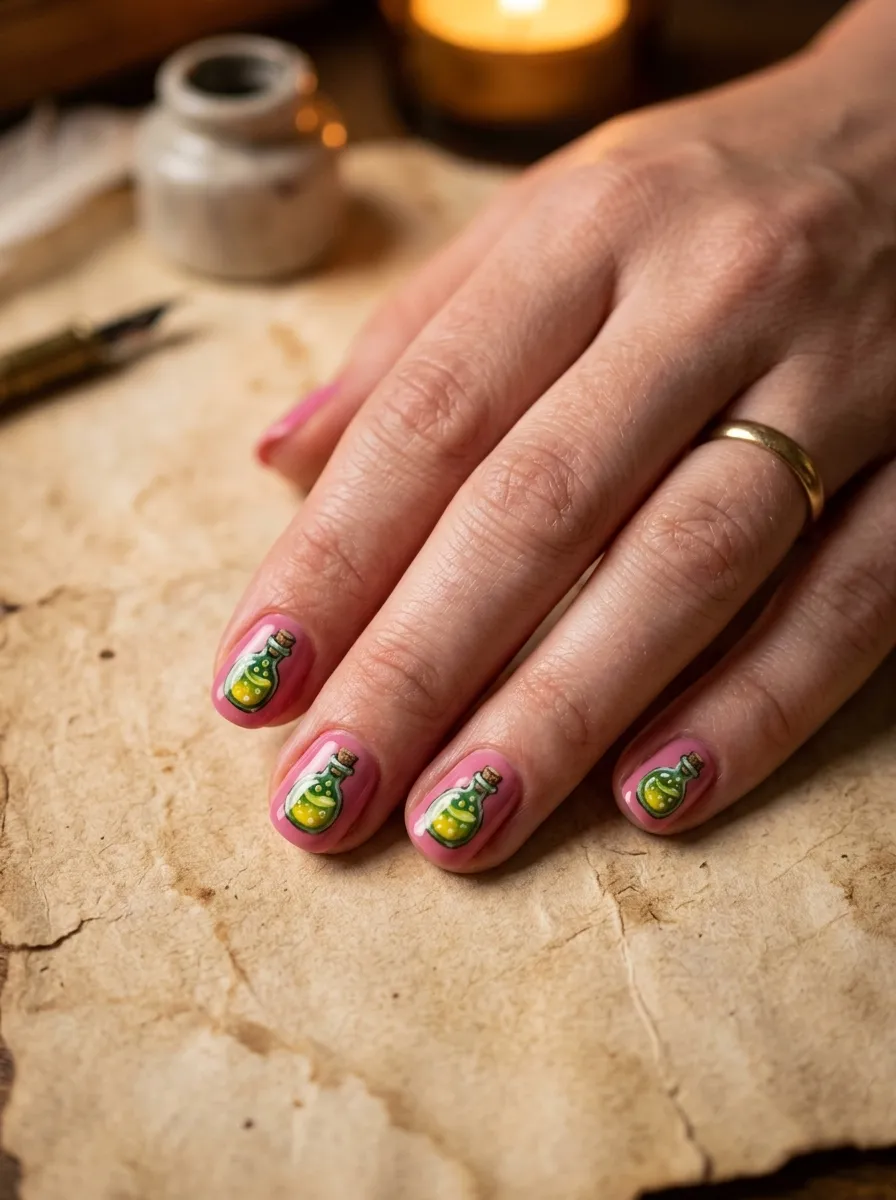 Pink Nails with Tiny Green Witch Potion Bottles