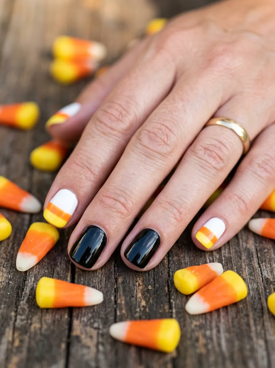 Pink and Black Candy Corn Nails