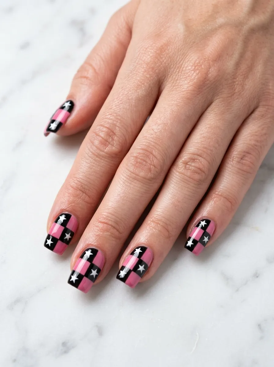 Pink and Black Checkerboard Halloween Nails