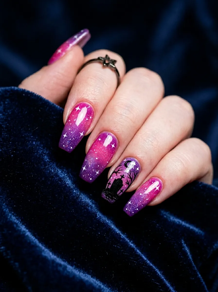 Pink and Purple Galaxy Graveyard Nails