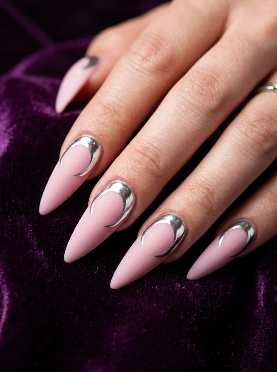 Pink and Silver Mirror Chrome Crescent Moon Nails