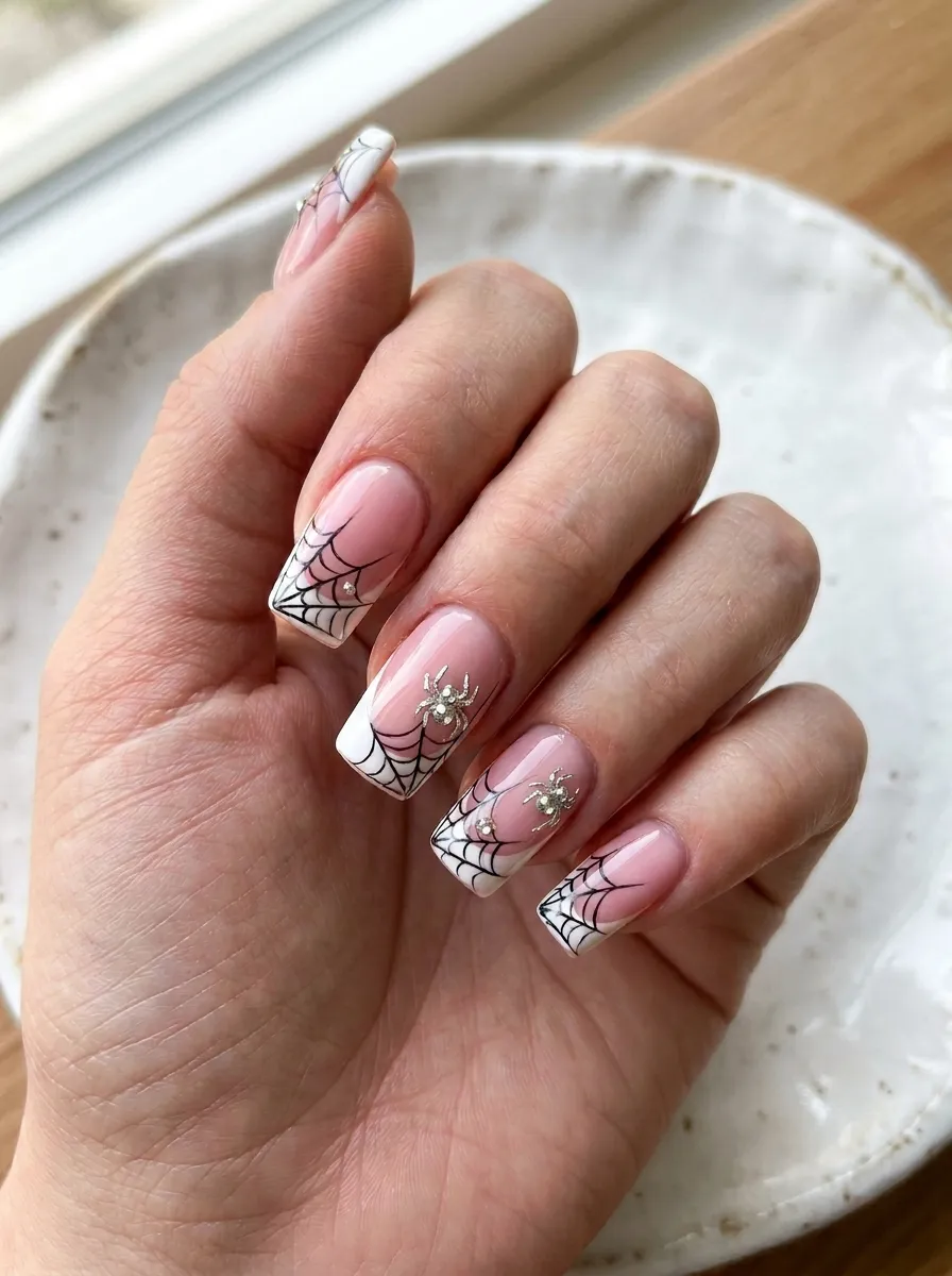 Pink and White Spiderweb French Tips