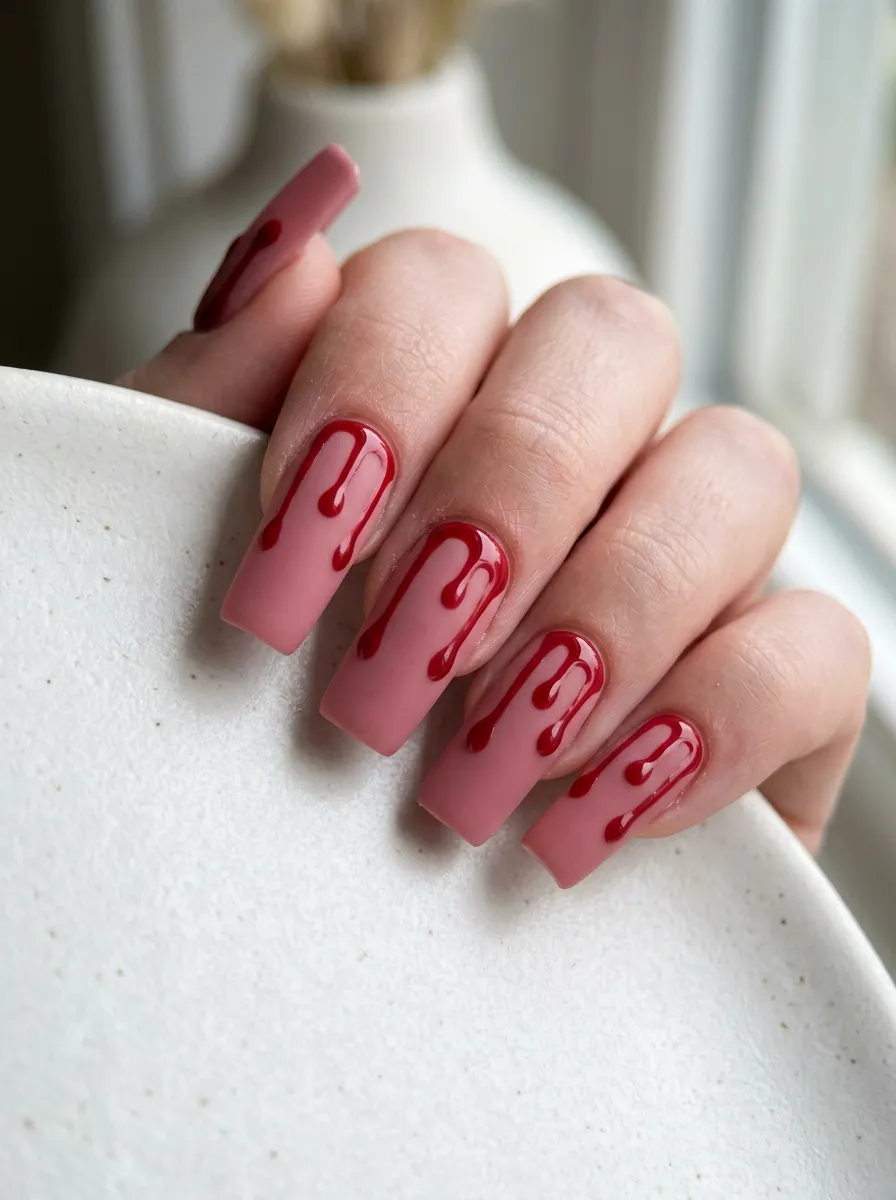 Rose Pink Dripping Blood Nails