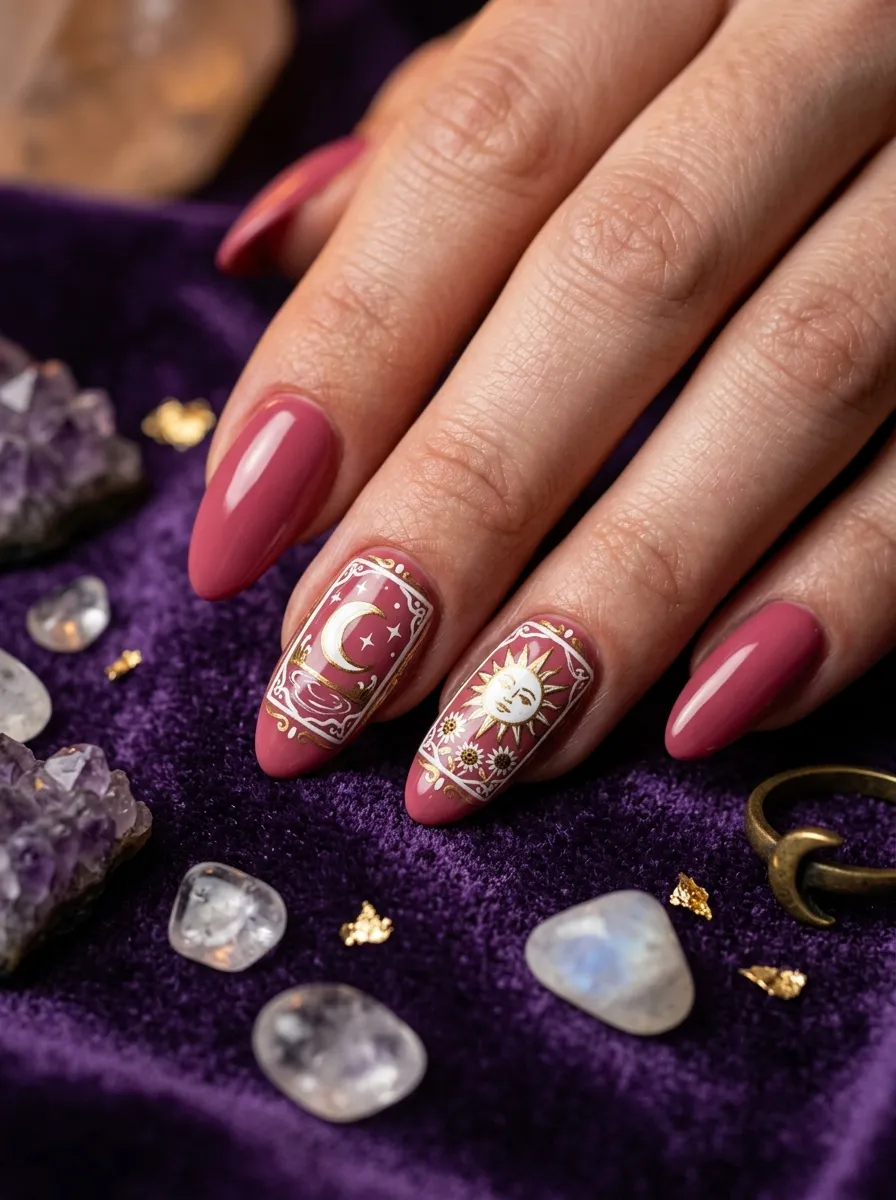 Rose Pink Tarot Card Nails