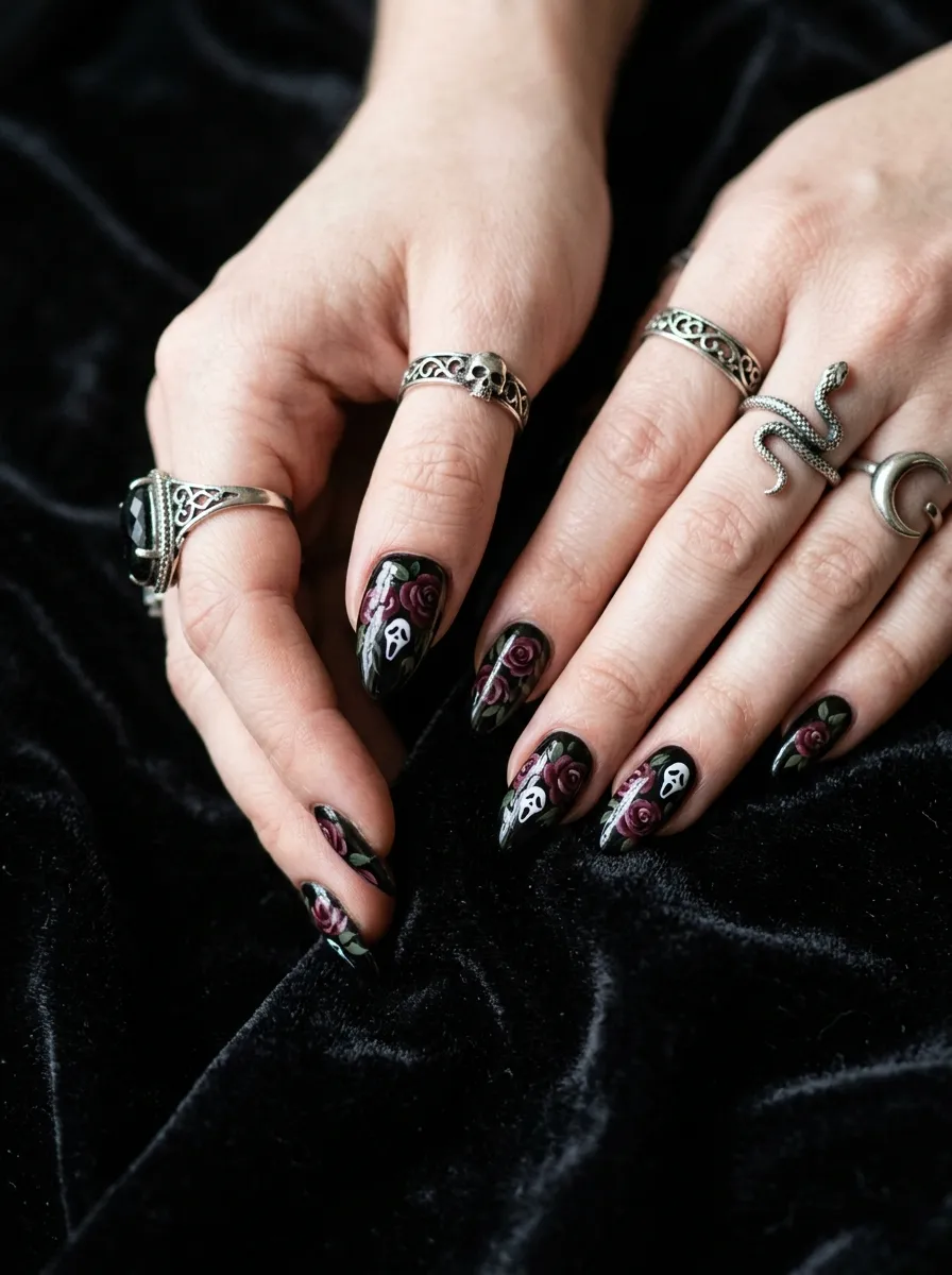 Rose and Ghostface Gothic Nails