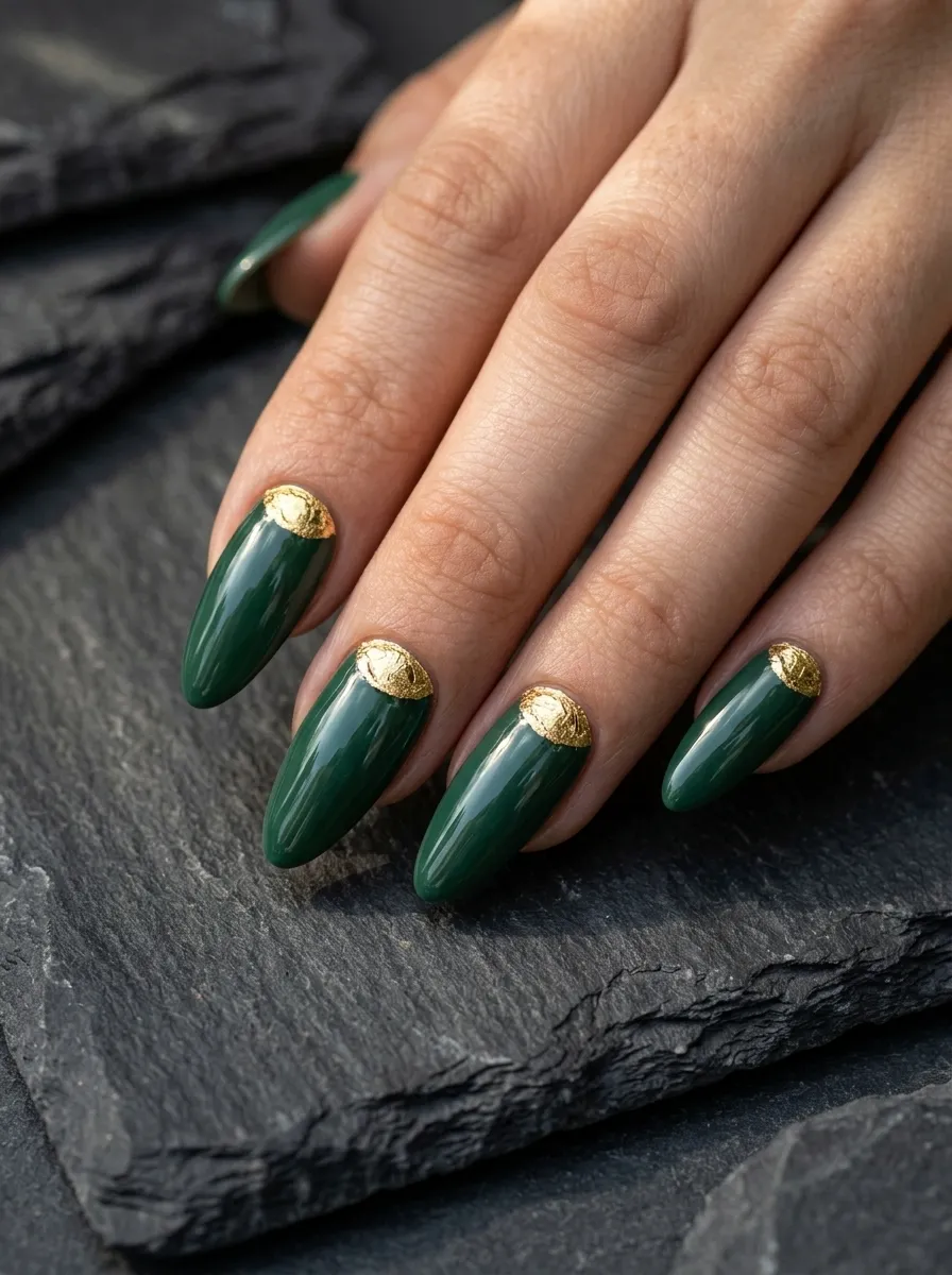Jade Nails With Gold Foil Moon