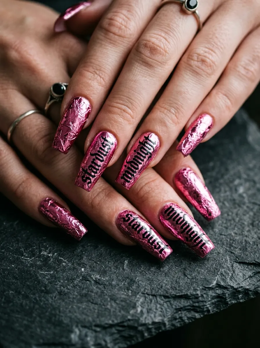 Pink Foil Nails with Black Gothic Script