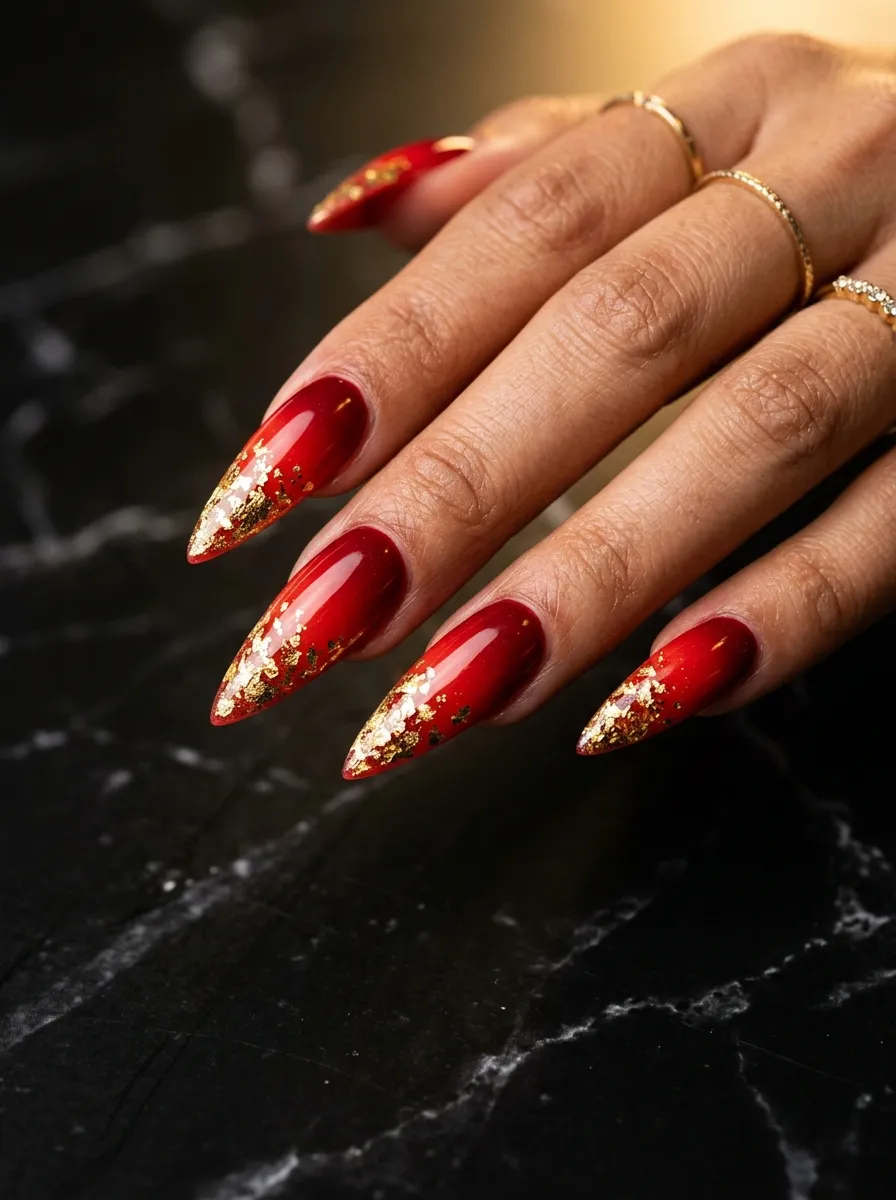 Stiletto Red Ombre With Gold Foil Tips