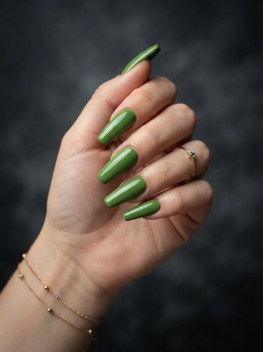 Glossy Matcha Green Coffin Nails