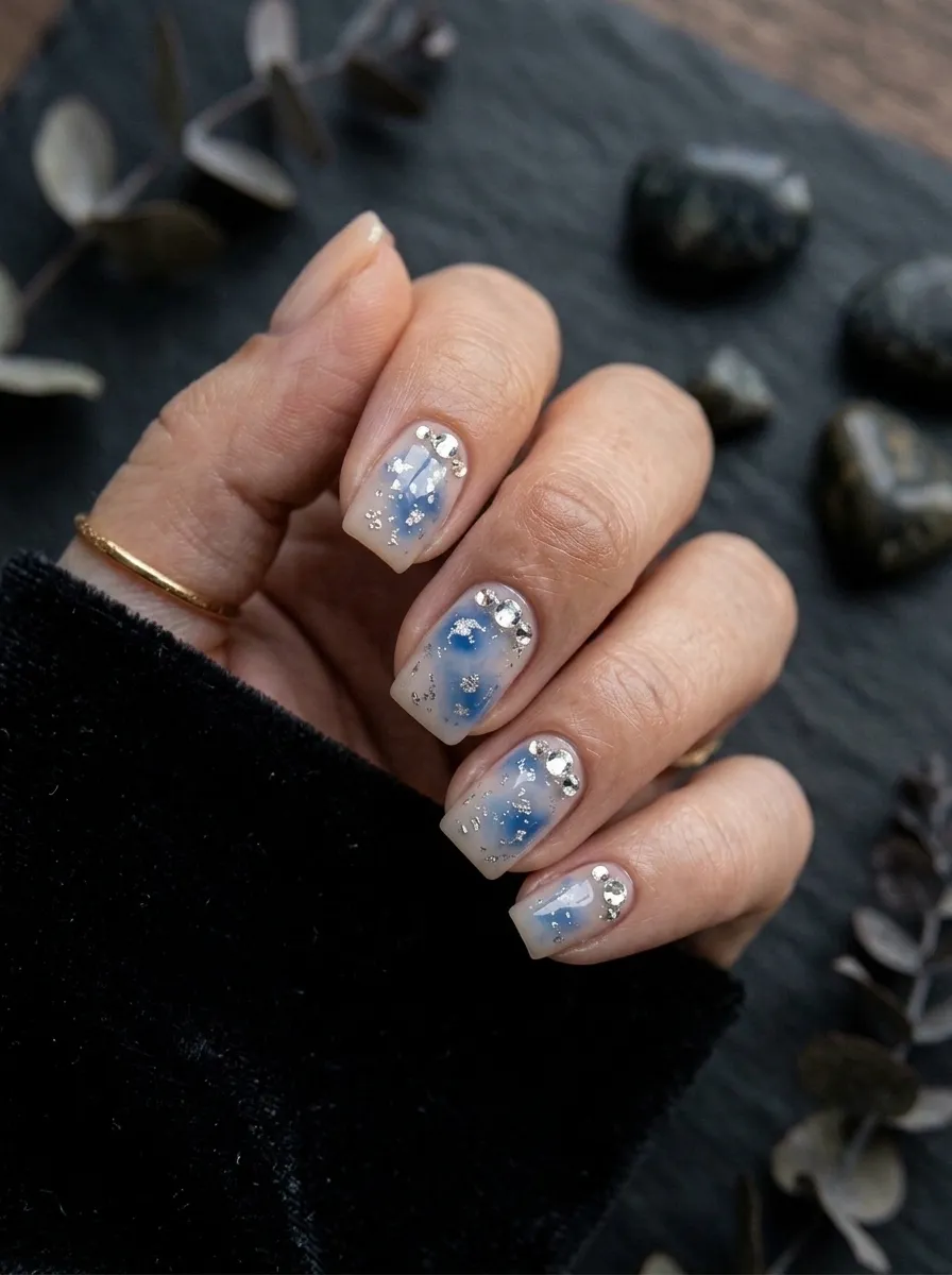 Blue Aura Nails With Rhinestones