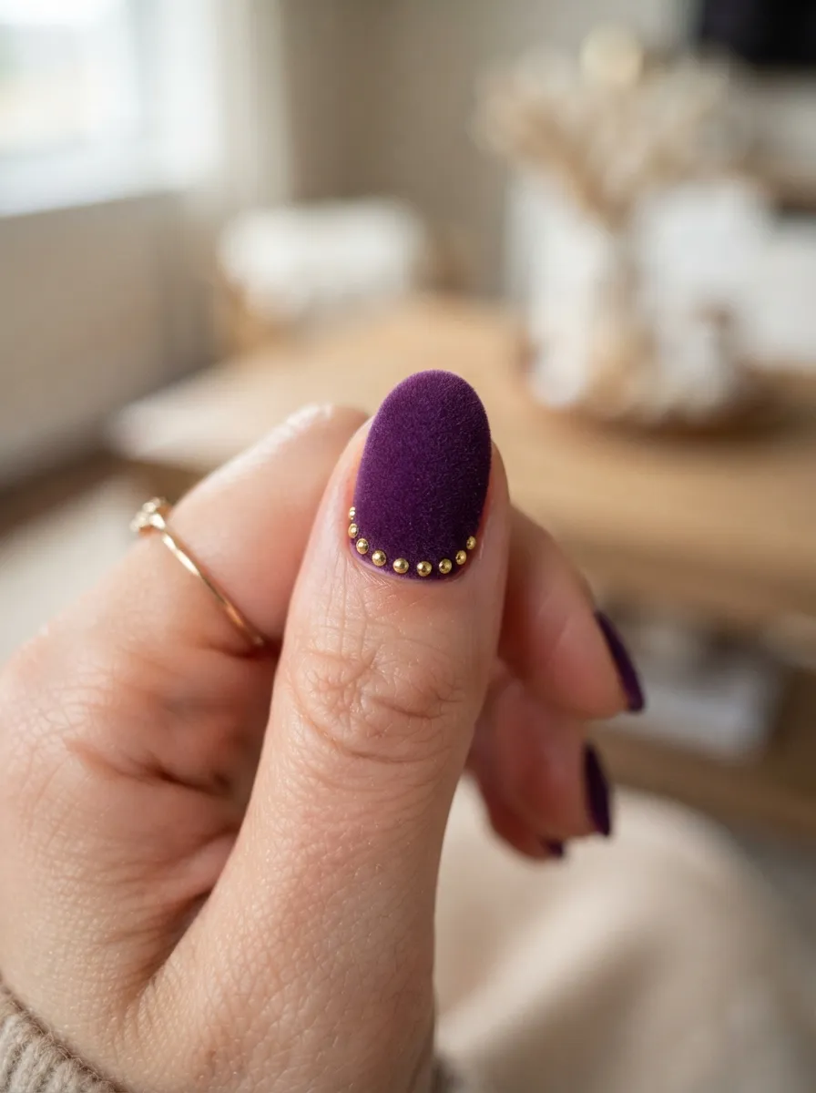 Purple Velvet Nail Art With Gold Studs
