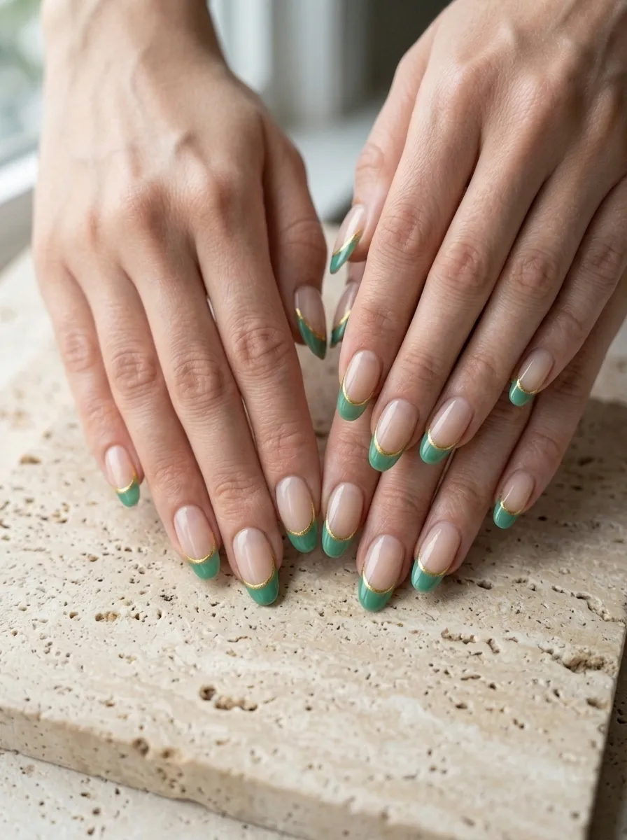 Jade French Tips With Gold Outline