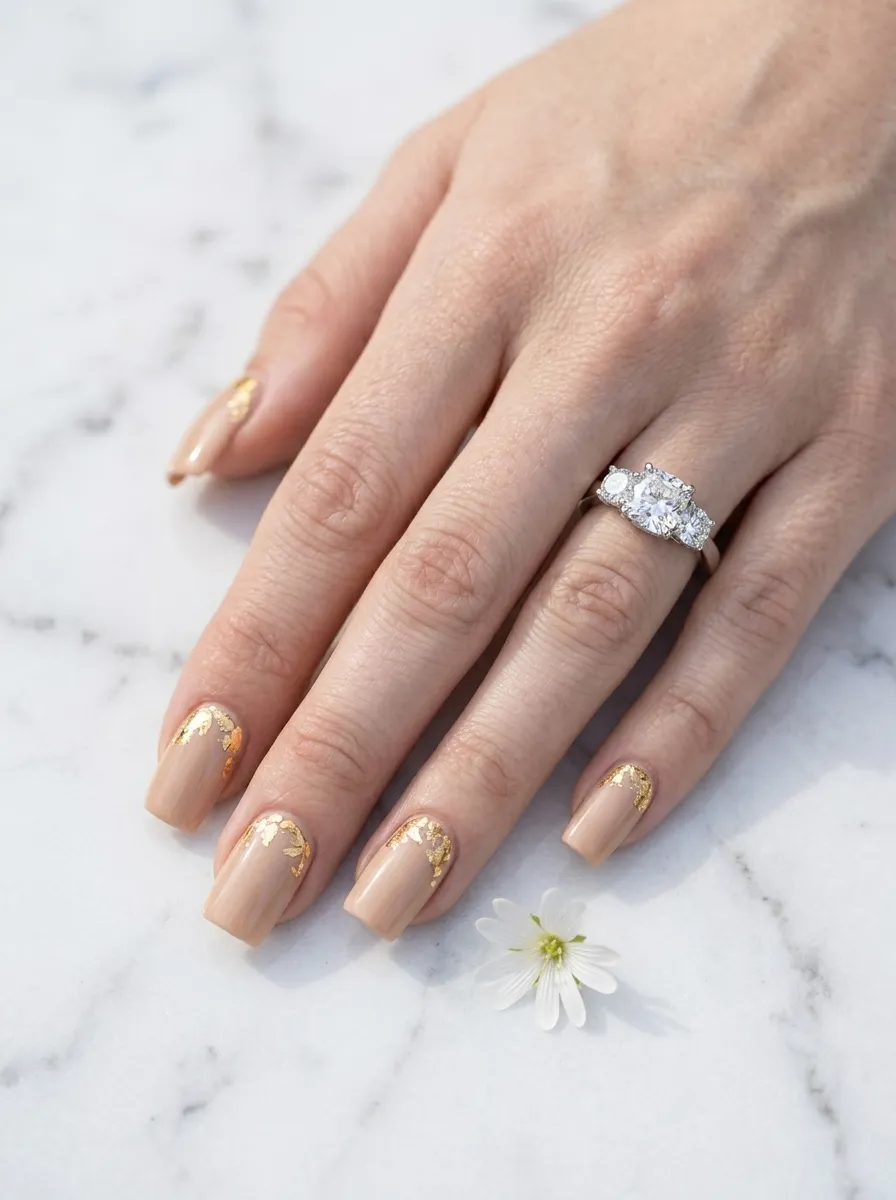 Glossy Nude with Gold Foil Square Nails