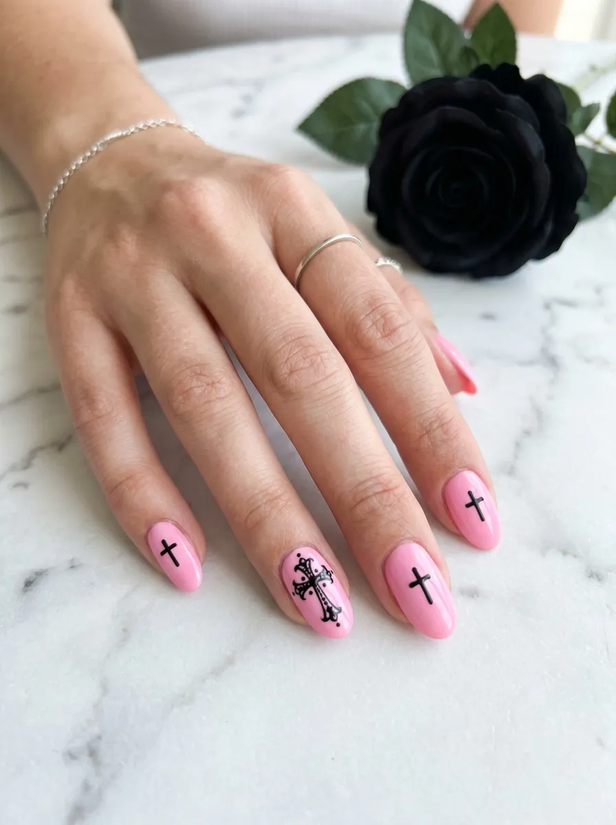 Cotton Candy Pink Nails with Black Crosses
