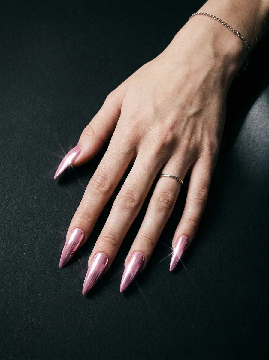 Pink Chrome Stiletto Nails