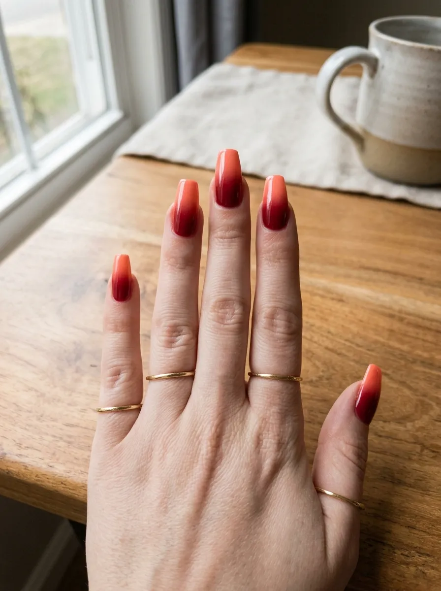 Short Coffin Red Ombre Nails