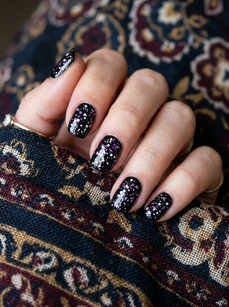 Speckled Purple and Black Confetti Nails
