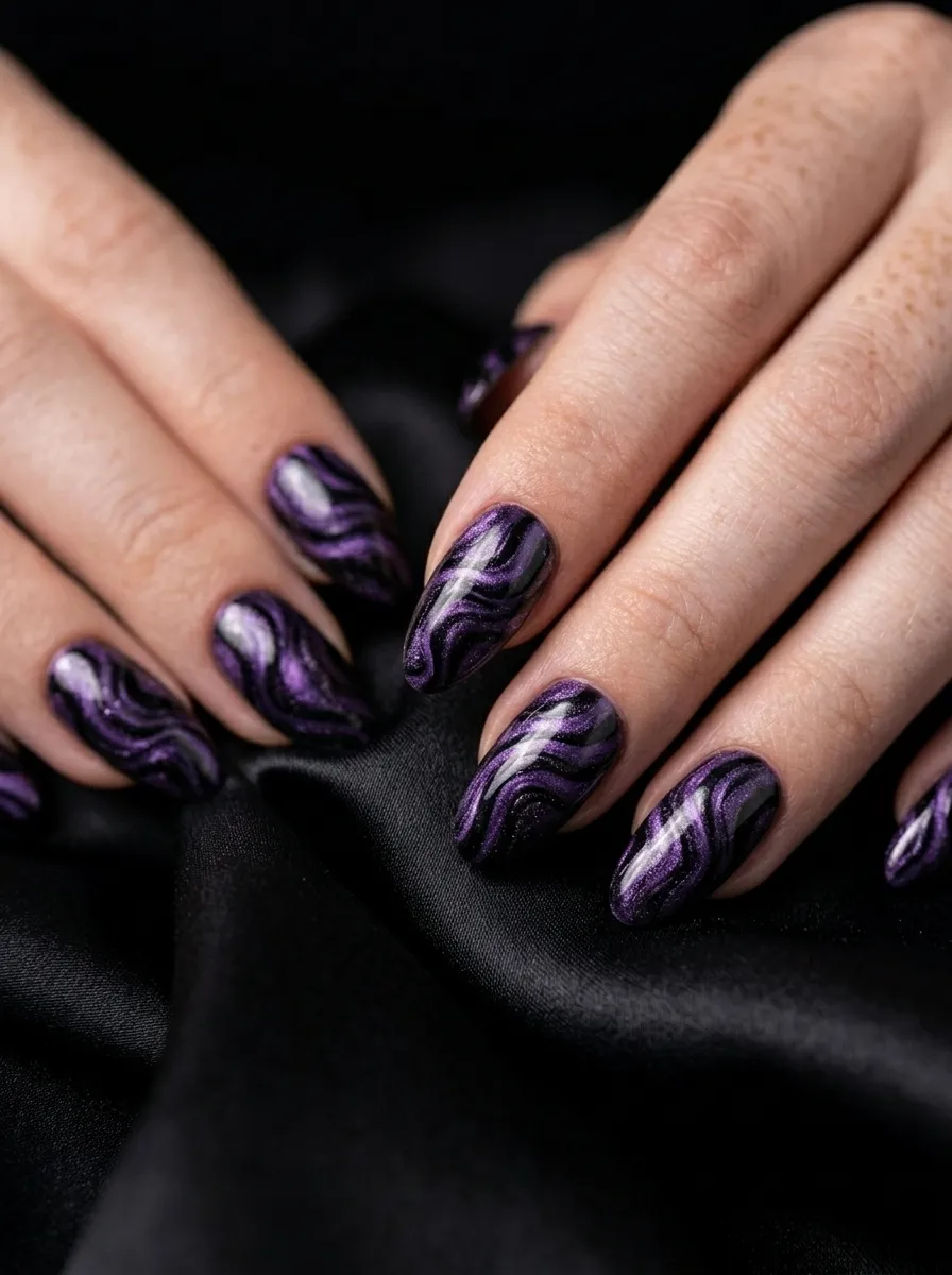 Purple and Black Swirl Nails