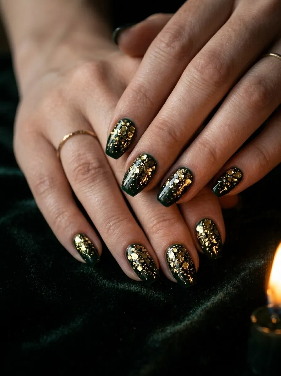Chunky Gold Glitter on Dark Jade