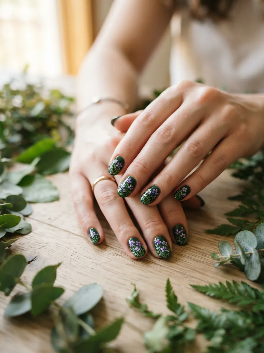 Botanical Purple Floral on Green Background