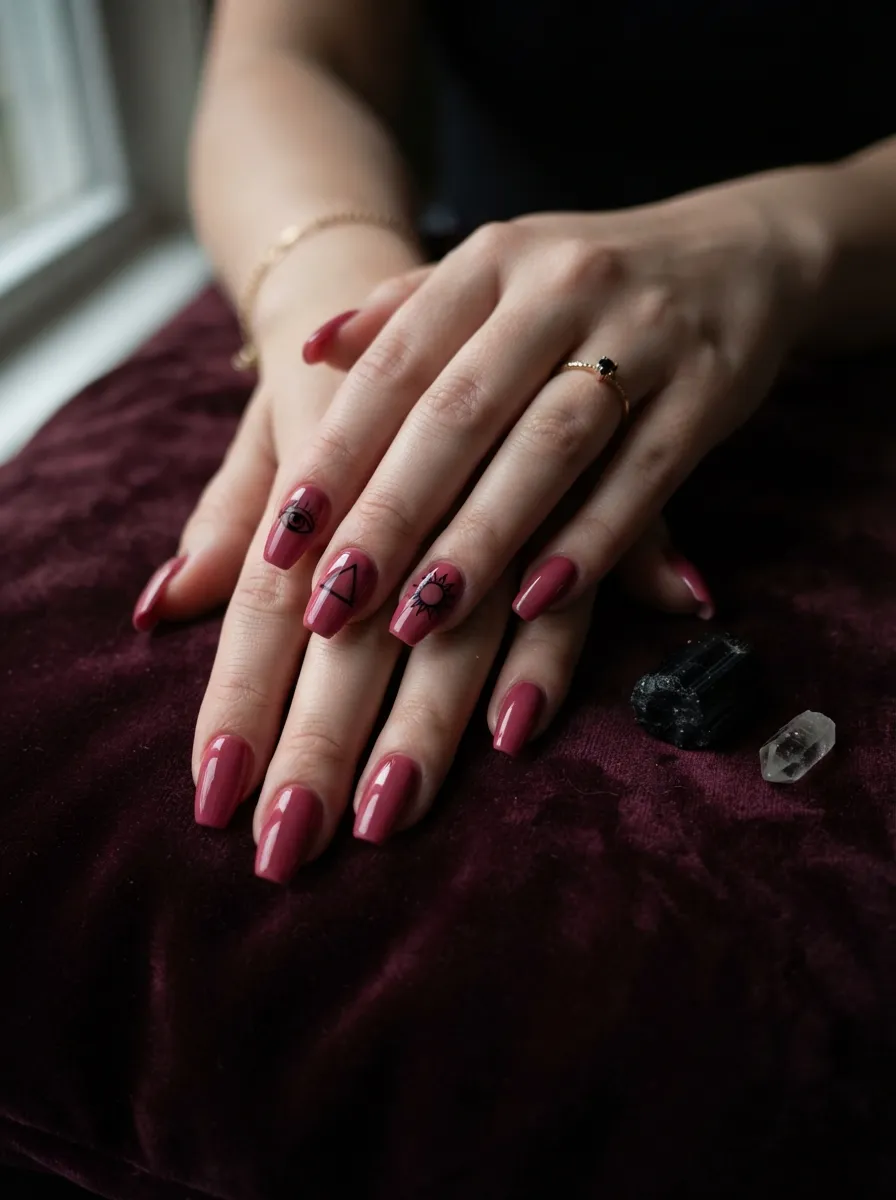 Rose Pink Nails with Occult Symbols