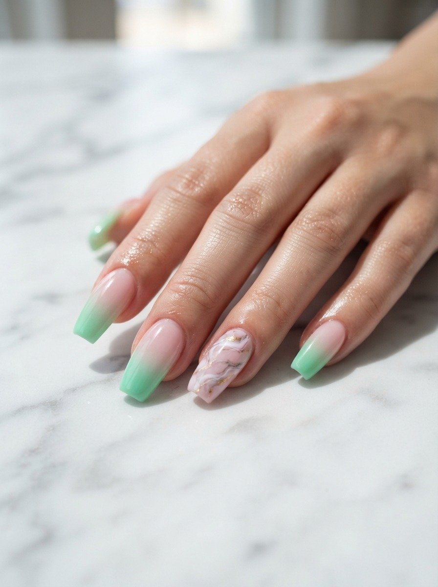 Pink to Green Ombre With White Marble Accent