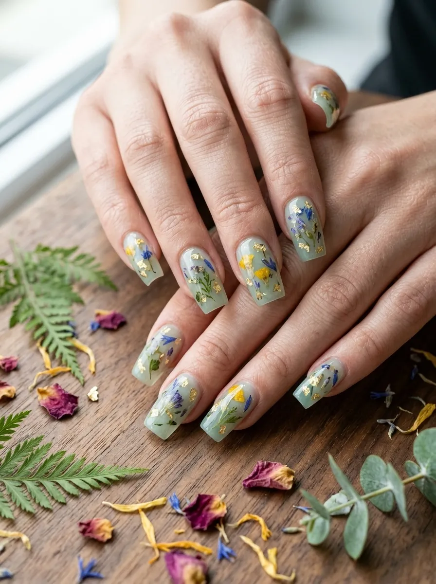 Jade and Gold Botanical Press Nails
