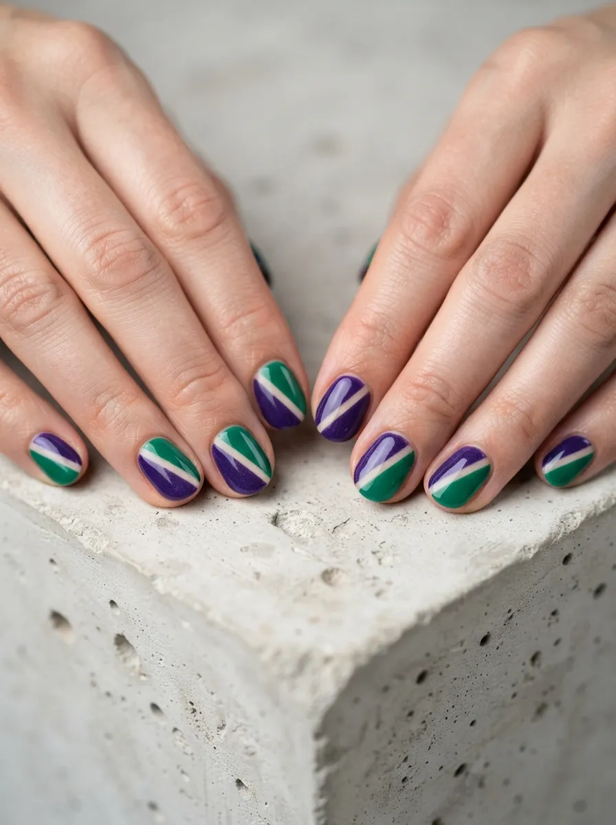 Two-Toned Purple and Green Negative Space Nails