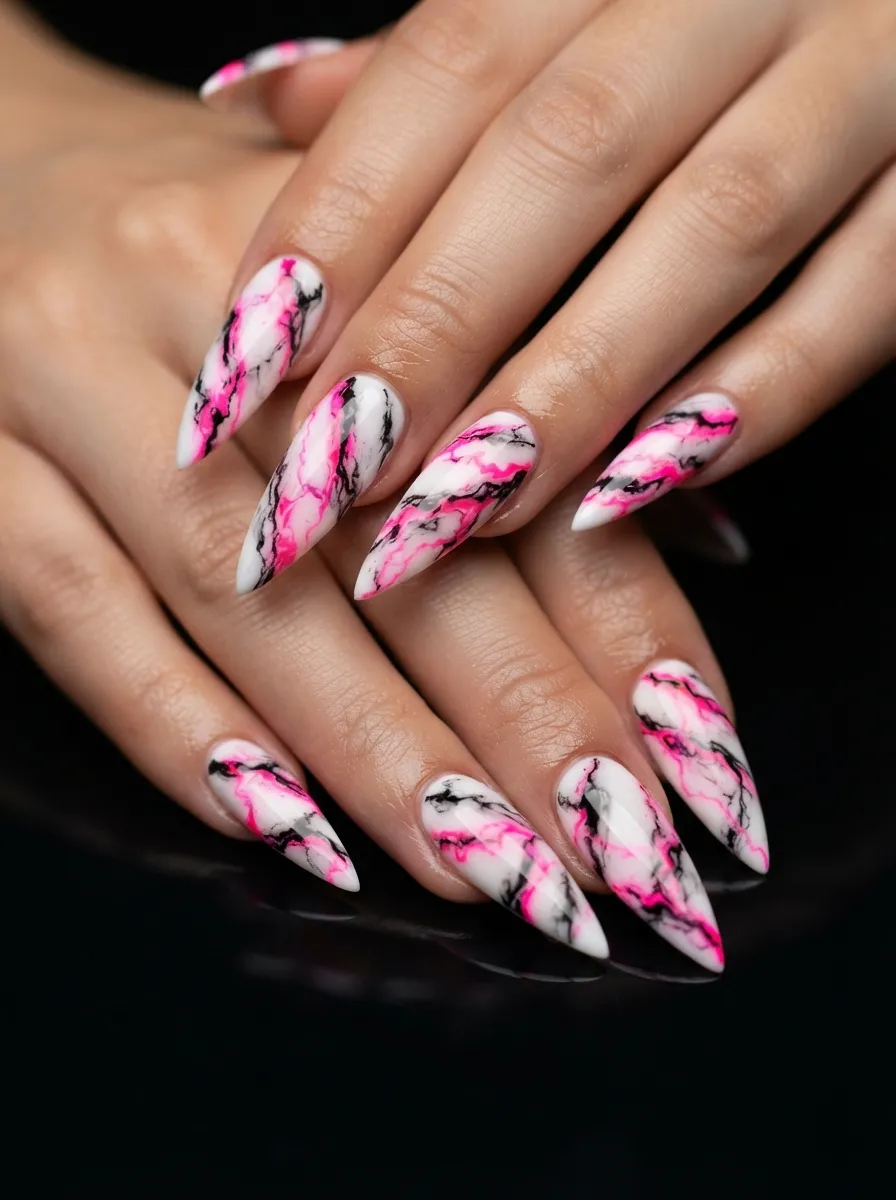Neon Pink and Black Marble Nails