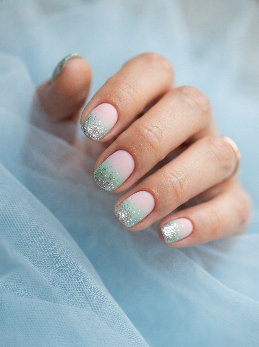 Baby Pink to Mint With Glitter Tips