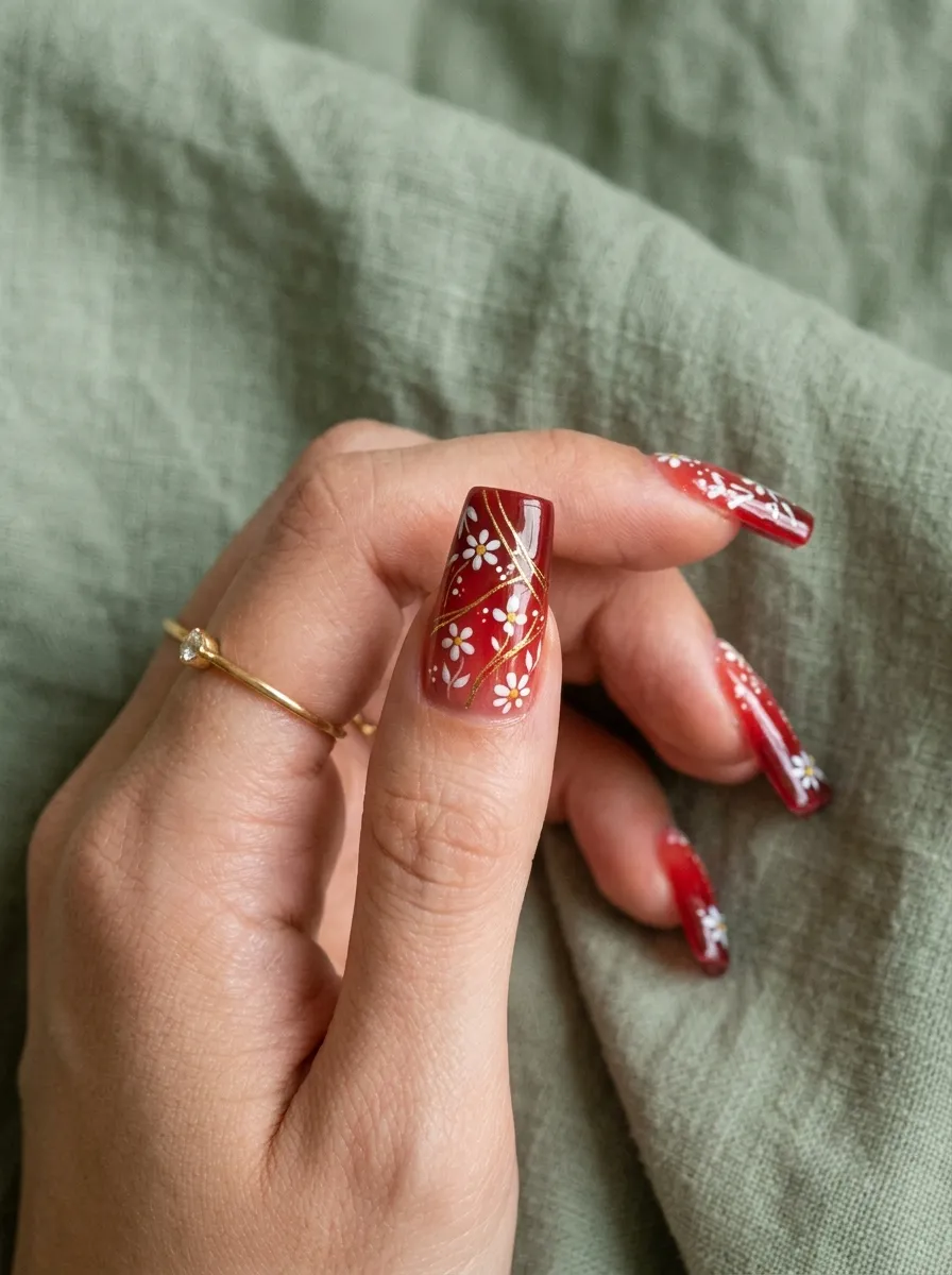 Ombre Red Nails With Nail Art Accents