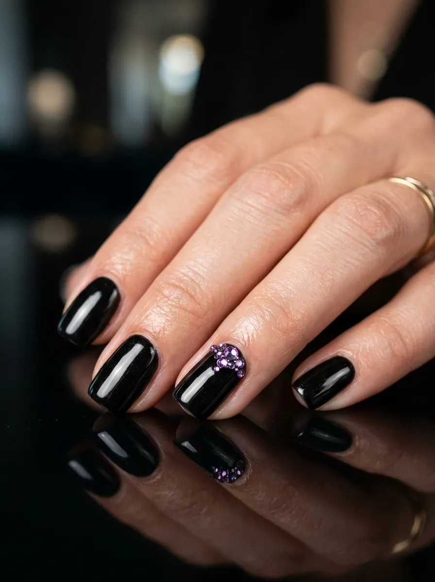 Black Nails With Purple Rhinestone Accent
