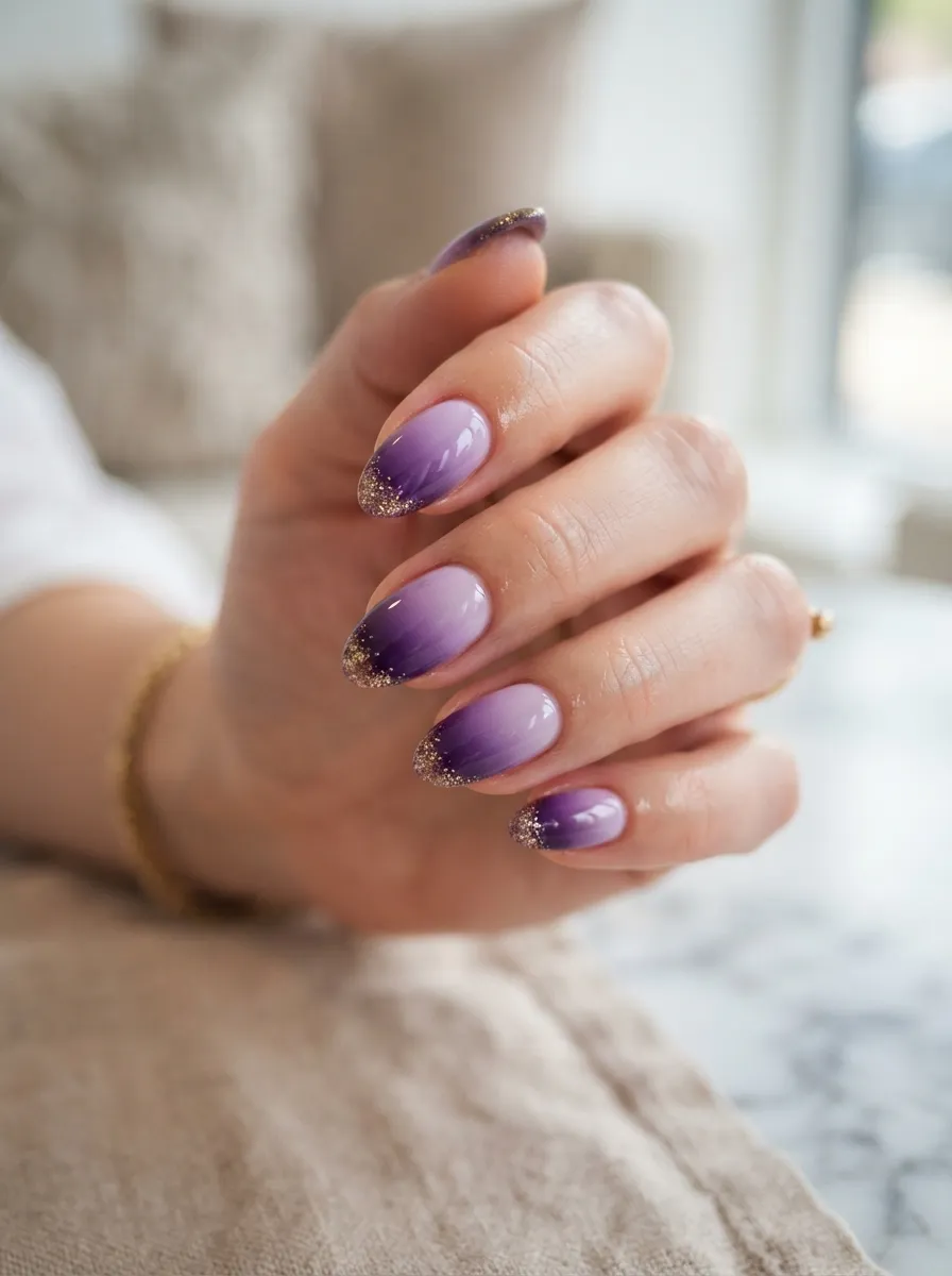 Purple Gradient With Gold Glitter Tips