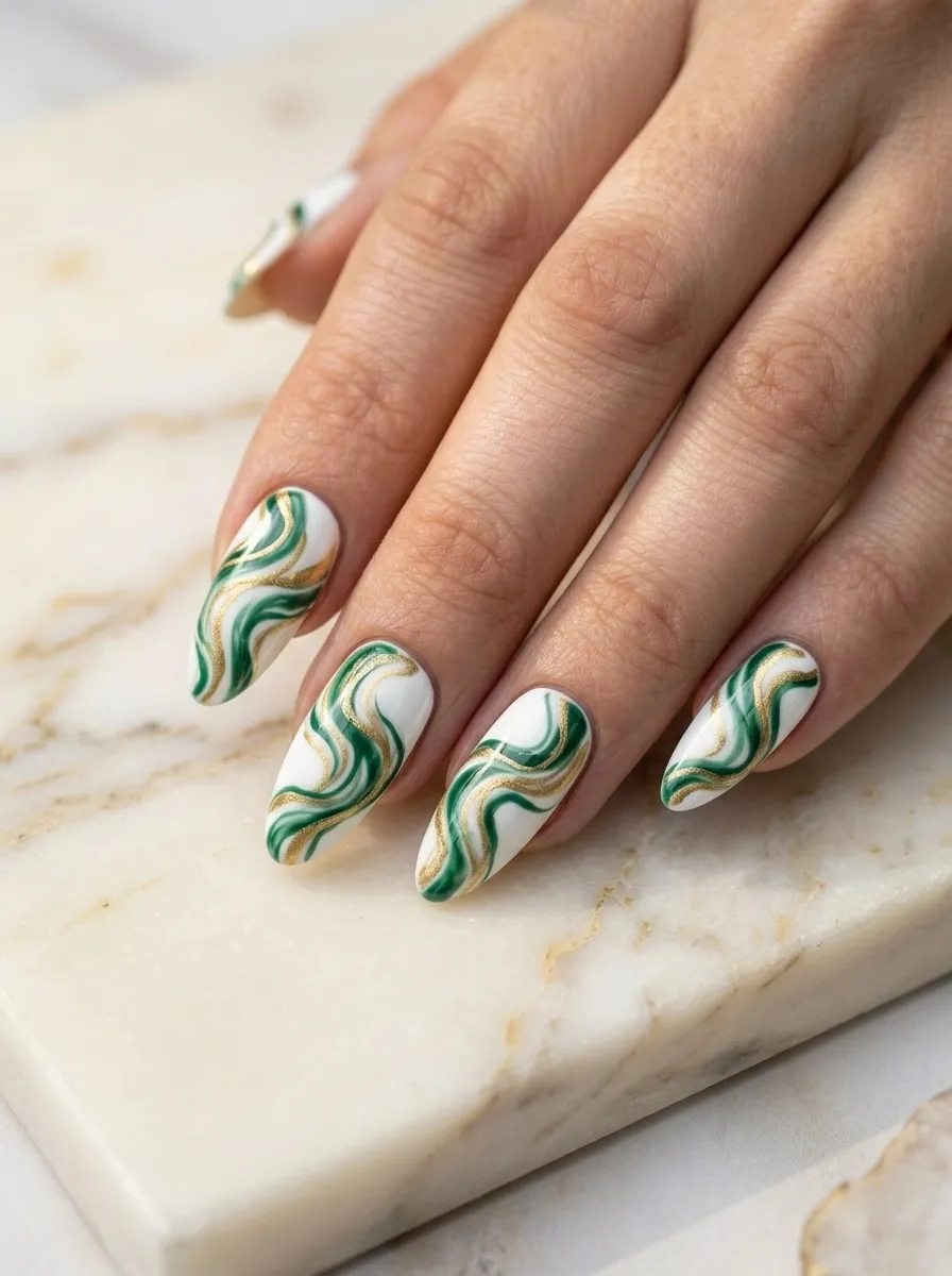 Swirled Jade and Gold Art Nails