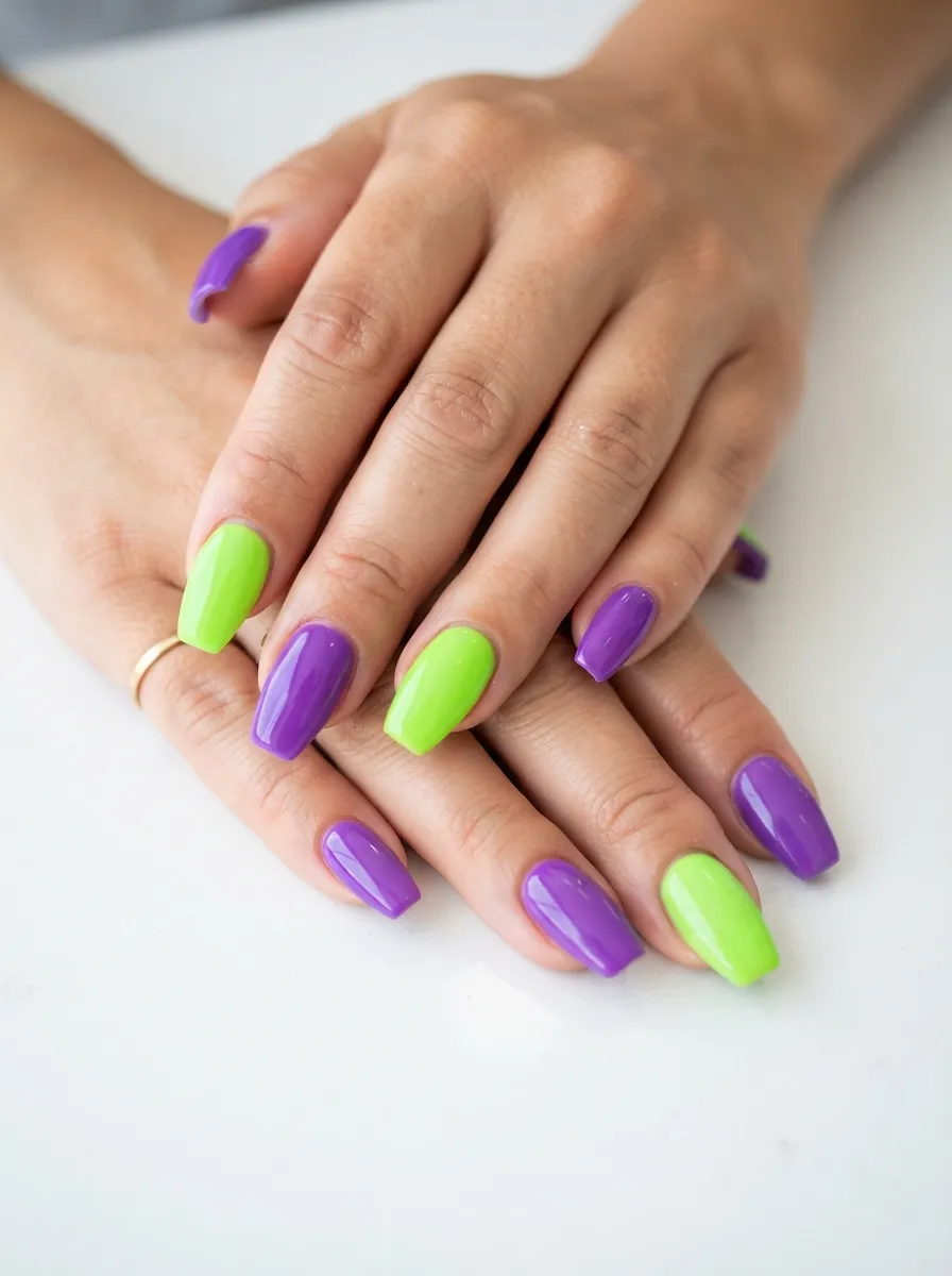Grape Purple and Lime Green Color Pop Nails