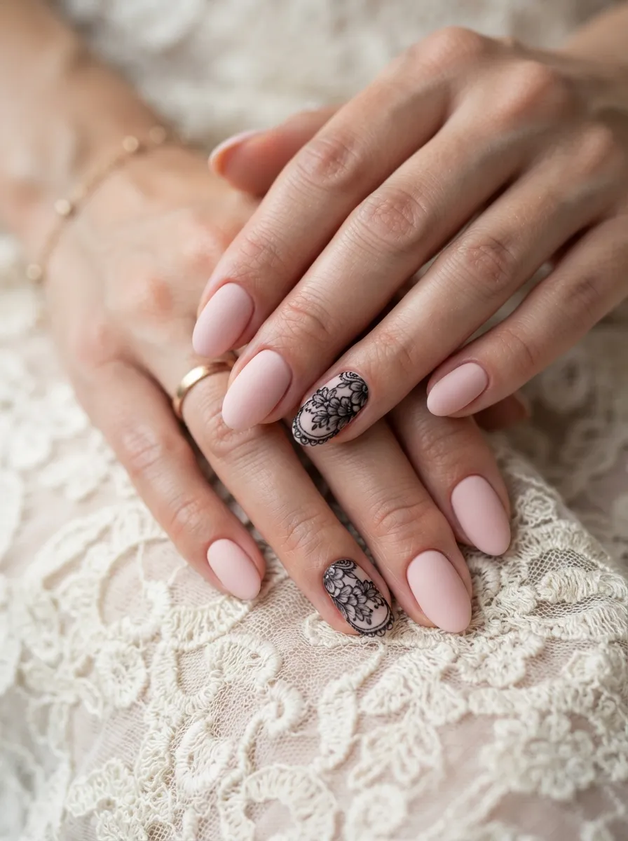 Blush Pink Nails with Black Lace Pattern