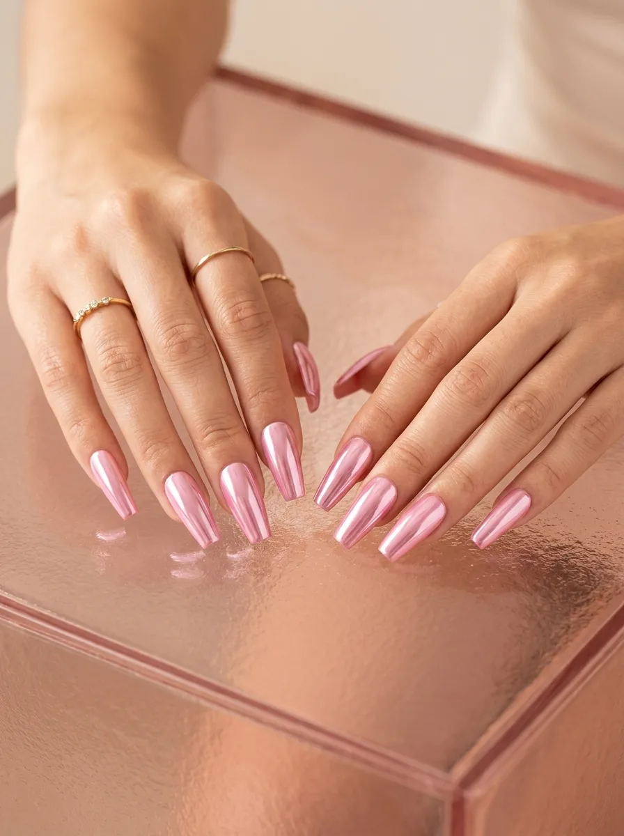 Pink Chrome Coffin Nails
